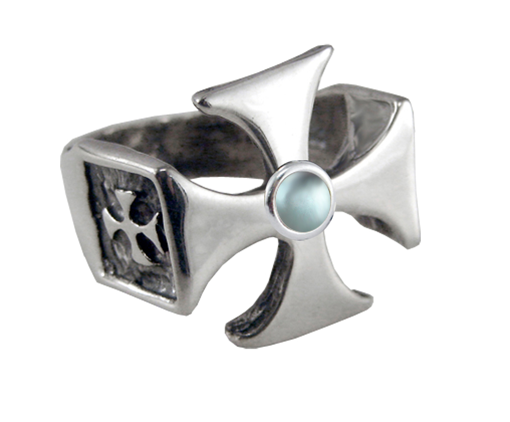 Sterling Silver Iron Cross Ring With Blue Topaz For a Man or Woman Size 10